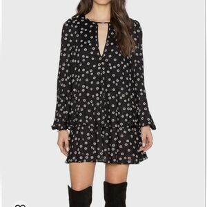 Free People "Beck" Dress Mini Lined Black Print Babydoll Like New Small